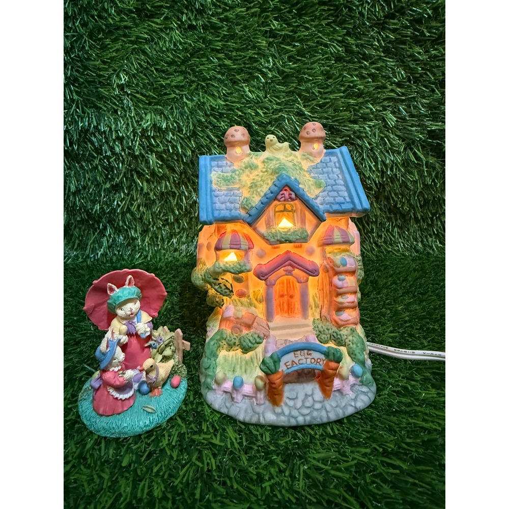 Vintage 1996 Bunnyville Gardens Egg Factory Lighted Easter Village Set